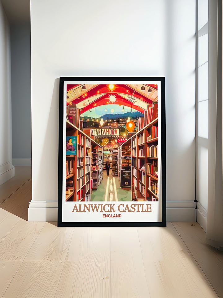 Alnwick Castle Art Print capturing the historical and architectural beauty of this iconic English fortress. The detailed illustration showcases the grandeur of Alnwick Castle in Northumberland, set against the lush landscapes, perfect for adding a touch of English heritage to your home decor