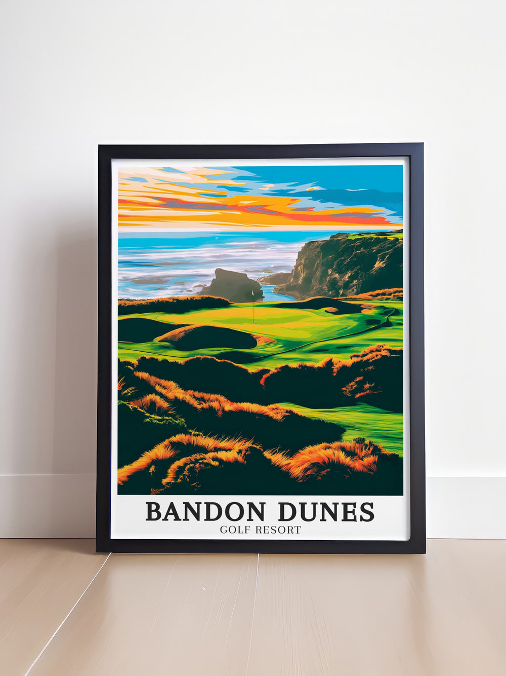 Bandon Dunes golf resort wall art showcasing the serene fairways and dramatic coastal scenery. This travel print highlights the unique features of this Oregon destination, making it a perfect gift for anyone who enjoys golf or loves exploring the beauty of the Pacific Northwest.