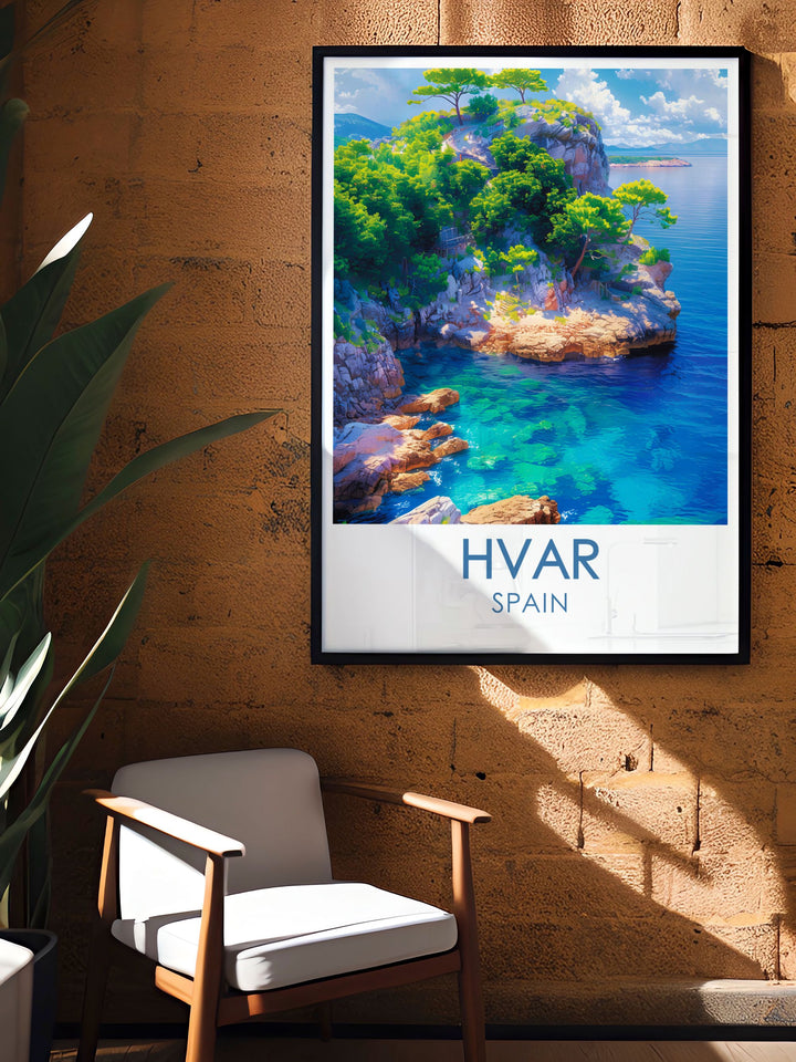 A travel poster showcasing the historical landmarks of Hvar Town, including the iconic Hvar Fortress. This detailed artwork is a great addition to any collection, celebrating the rich heritage and scenic beauty of this Adriatic gem.
