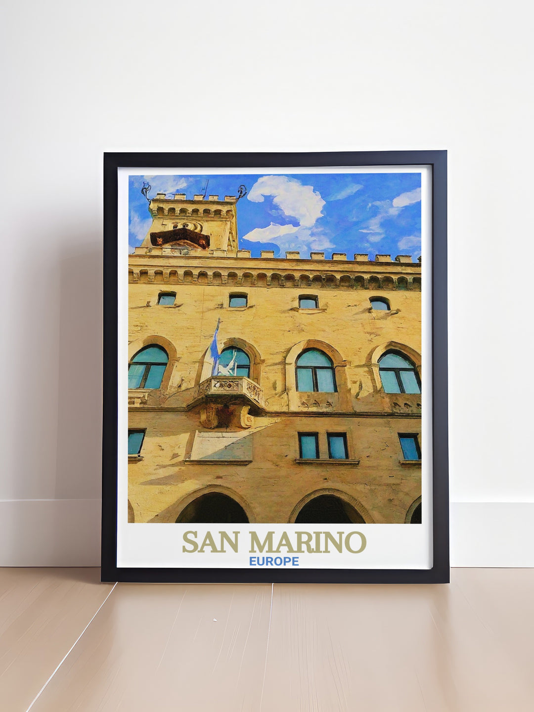 This San Marino art print portrays the iconic Palazzo Pubblico, a symbol of independence and rich history. The intricate artwork brings this Gothic landmark to life, making it an ideal addition to any space or a thoughtful travel gift.