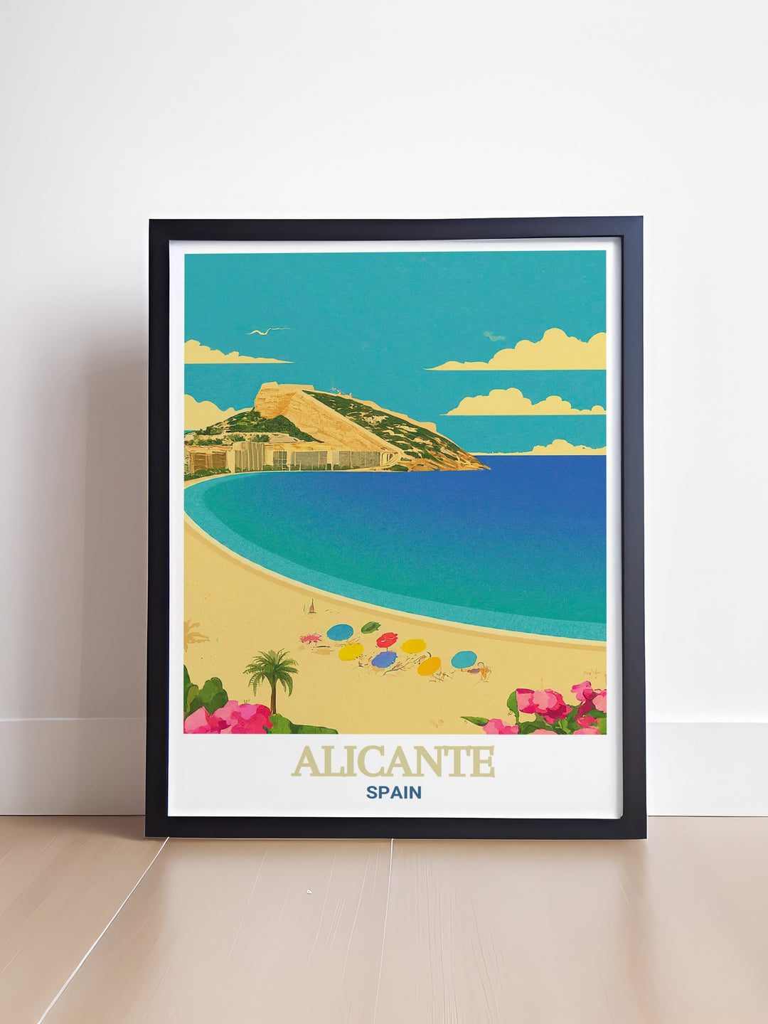 Scenic art print of Playa del Postiguet, showcasing the beachs vibrant atmosphere and stunning surroundings. A perfect addition to any art collection or as a thoughtful gift, this poster embodies Alicantes coastal beauty and lively spirit. Bring the charm of Alicante inside with this stunning piece.