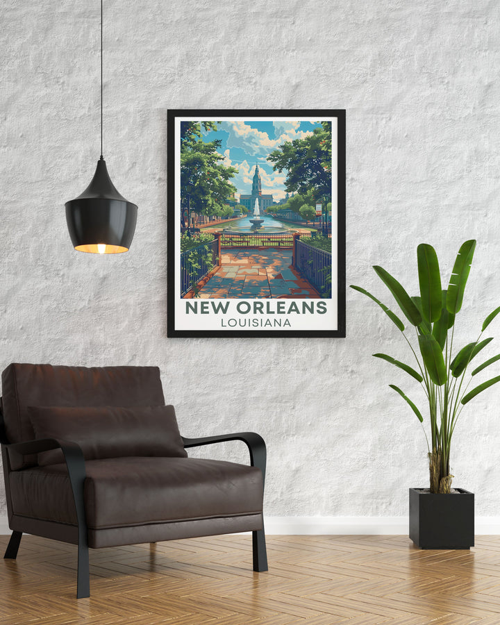 Beautiful Jackson Square print featuring the stunning buildings and lively surroundings of New Orleans ideal for adding a touch of Louisiana elegance to your home or office decor and perfect for lovers of New Orleans travel