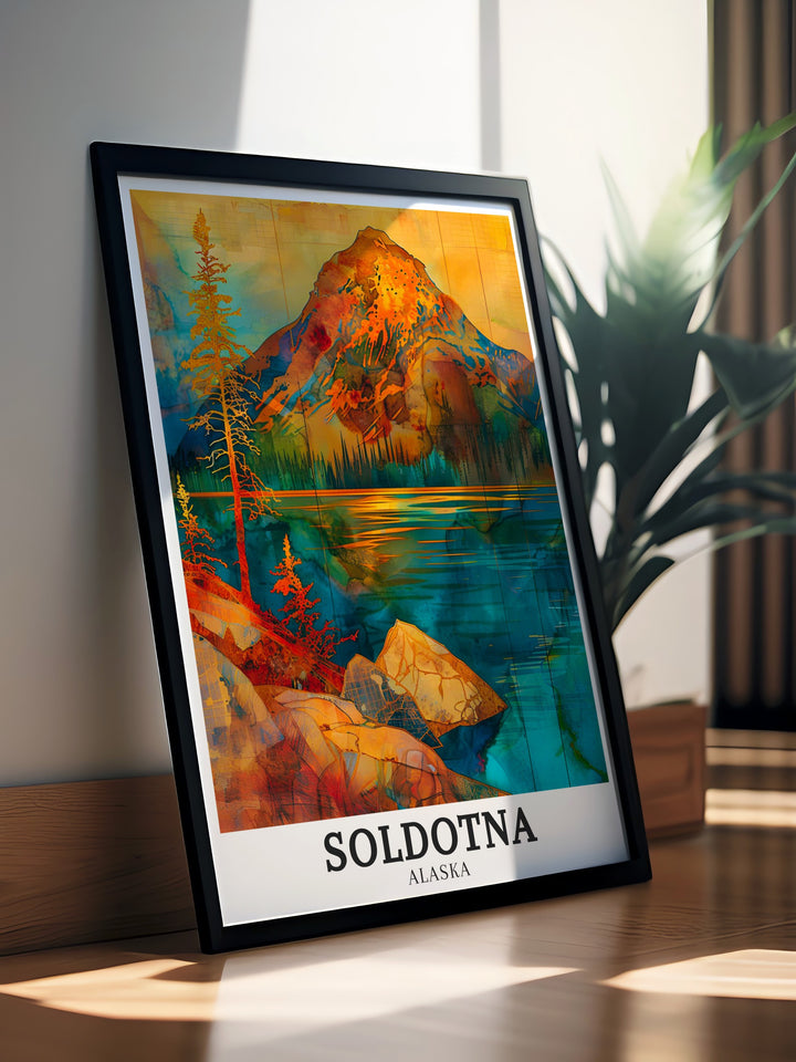 Detailed Soldotna travel print capturing the serene Kenai River and the majestic Ptarmigan Peak. This artwork brings Alaskas wild landscapes into your home, making it a perfect addition for nature lovers