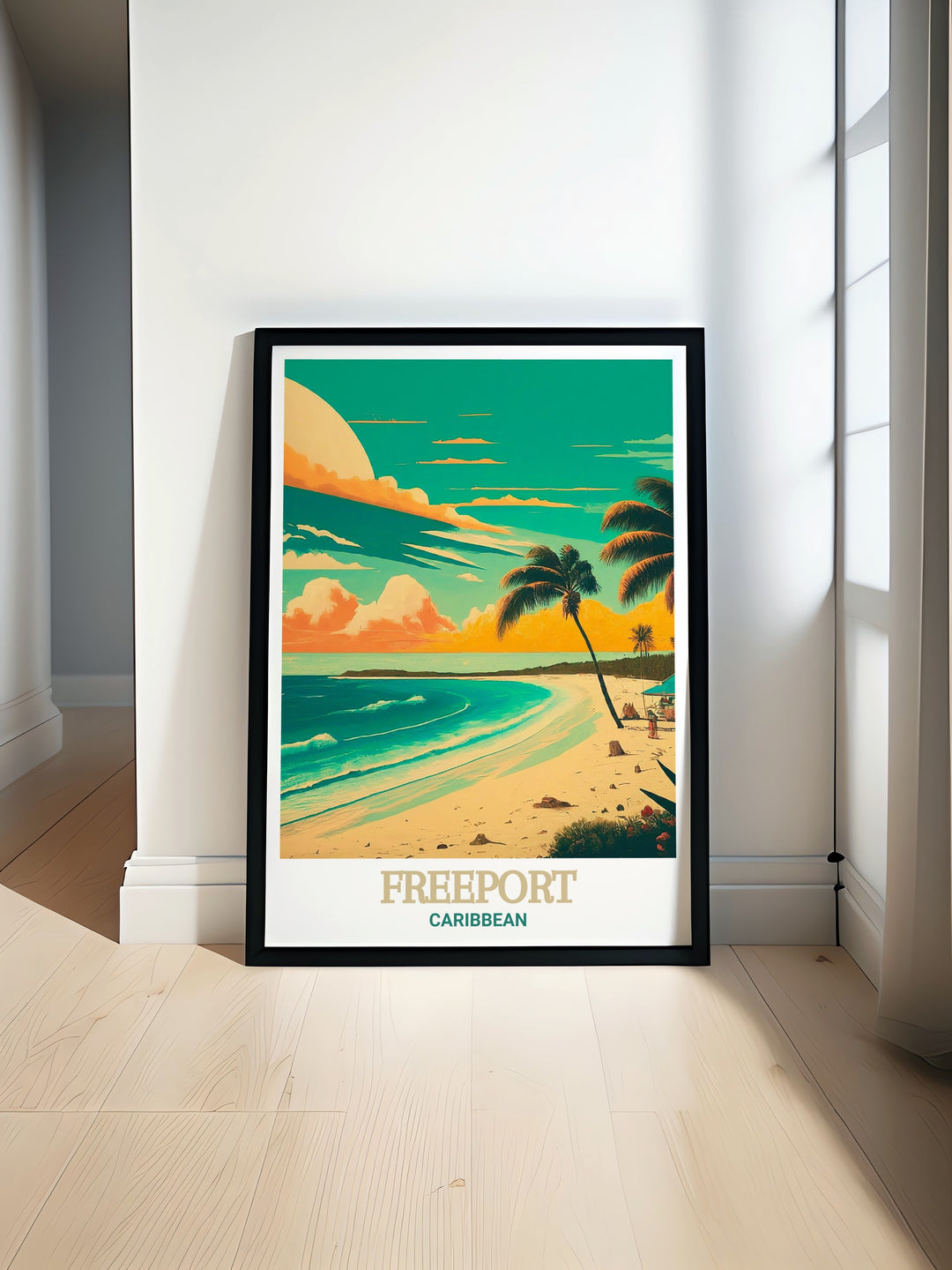 This vibrant art print captures the lively energy of Freeport, highlighting its colorful streets and the serene beauty of Taino Beach, offering a perfect blend of Caribbean culture and coastal charm for your home decor.