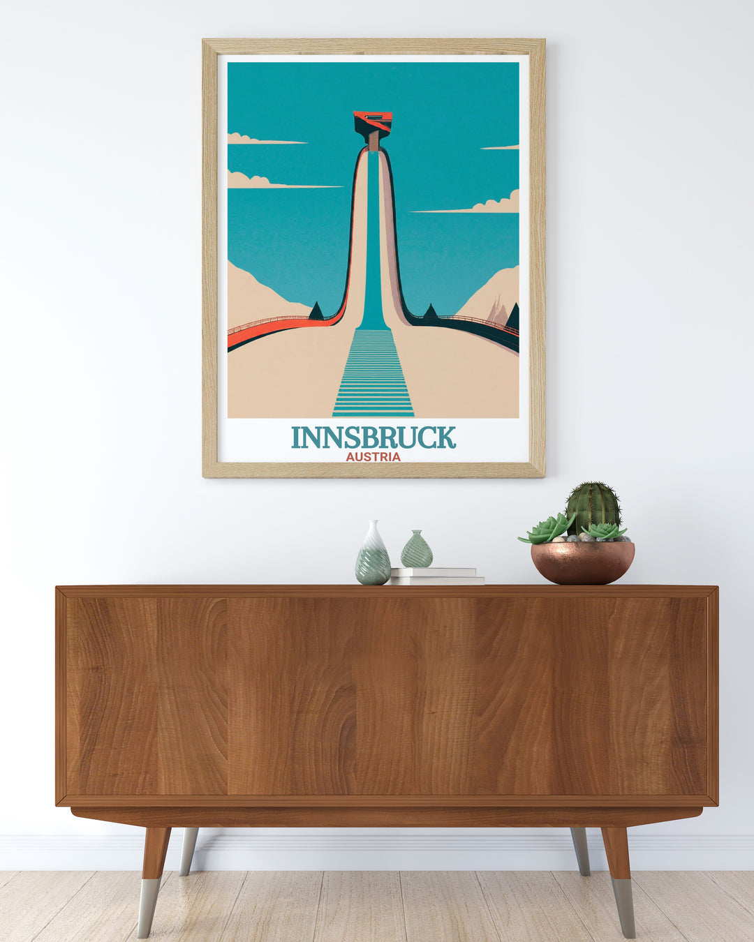 Innsbruck poster print featuring the iconic Bergisel Ski Jump, set against the scenic backdrop of Austrias Alps. Perfect for winter sports lovers and travelers, this artwork brings the beauty of Innsbruck and Austrian culture into your home.