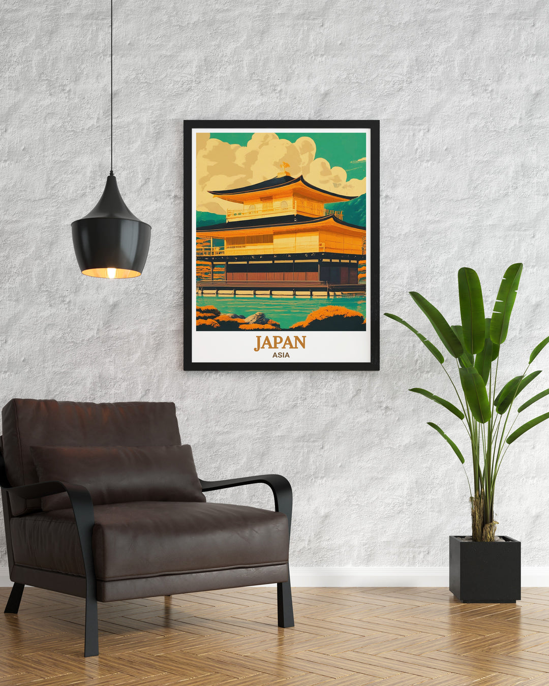 The Golden Pavilion of Kinkaku ji shines brightly in this travel print, capturing the peaceful atmosphere of one of Japans most visited temples. Paired with the energetic cityscape of Osaka, this poster is a must have for lovers of Japanese art and culture.