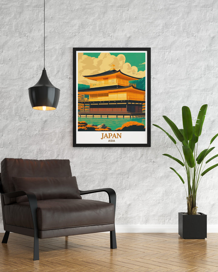 The Golden Pavilion of Kinkaku ji shines brightly in this travel print, capturing the peaceful atmosphere of one of Japans most visited temples. Paired with the energetic cityscape of Osaka, this poster is a must have for lovers of Japanese art and culture.