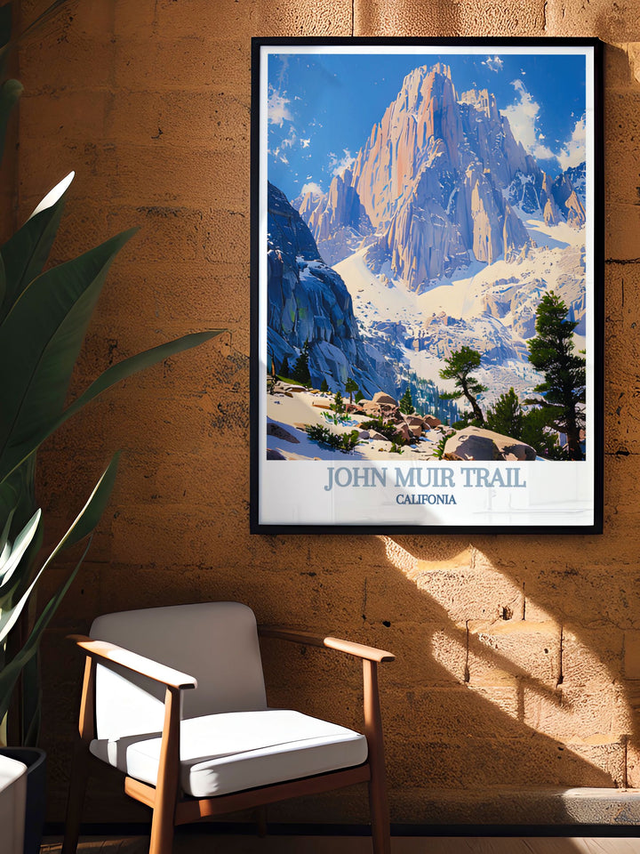 The epic John Muir Trail, spanning 211 miles through the Sierra Nevada mountains, is highlighted in this travel poster. Ideal for those who appreciate adventure and natural beauty, this artwork captures the spirit of the trail.