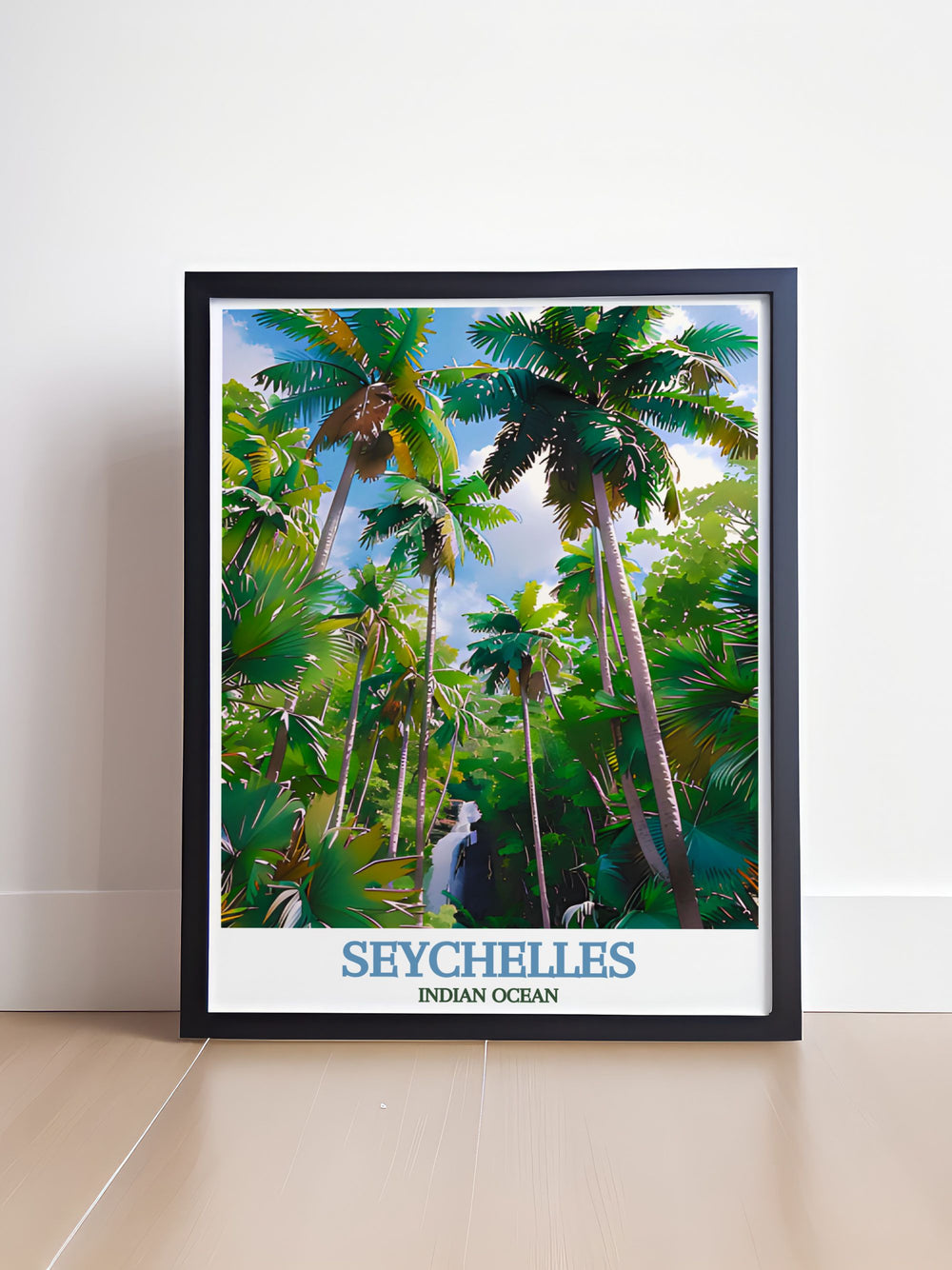 This travel poster highlights the serene beauty of Vallée de Mai in Seychelles, showcasing the dense palm forests and rare flora that make it a world renowned natural wonder.