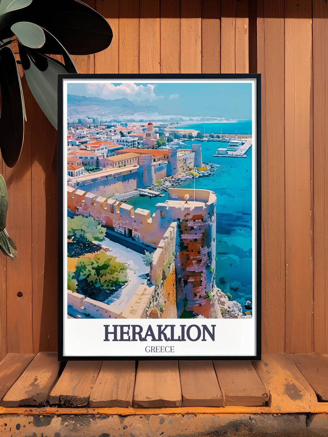 Vintage poster of Heraklion, featuring the iconic Venetian Walls, Crete, Greece. This piece captures the timeless beauty and historical significance of the walls, evoking the charm of Greek cultural heritage and military architecture.