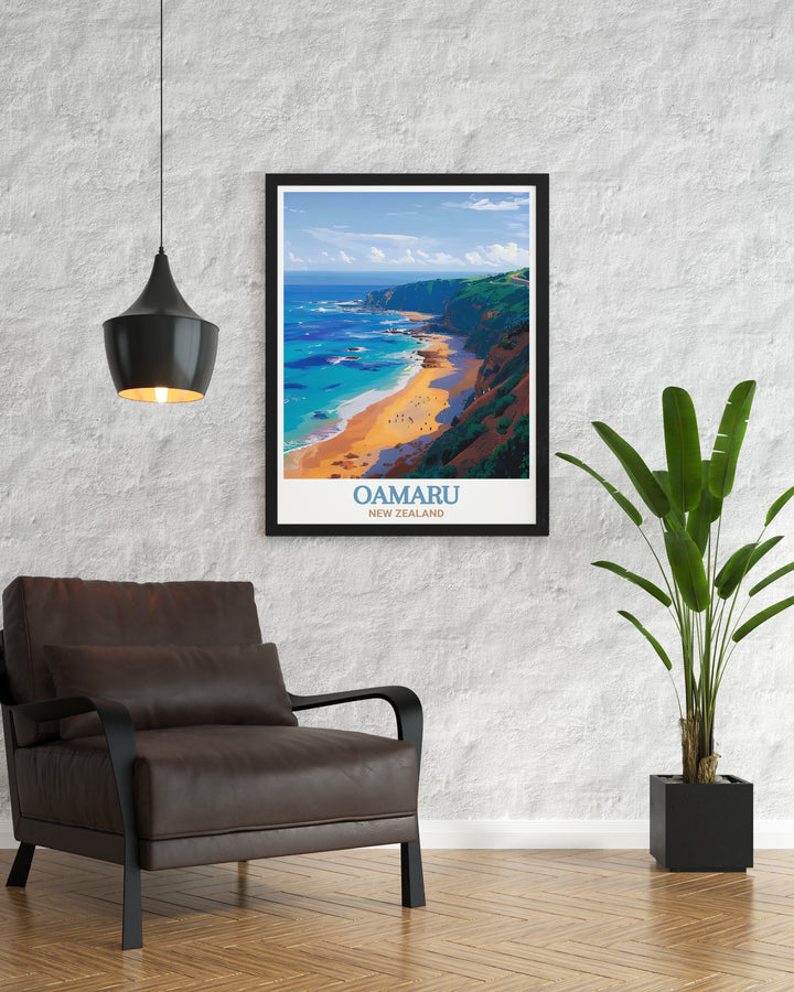 Oamaru Wall Print capturing the tranquil scenery of Bushy Beach, with its secluded shores and dramatic cliffs. This wall print is a beautiful representation of New Zealands coastal charm, ideal for enhancing any space with a touch of nature.