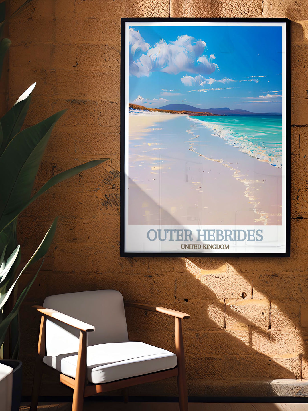 North Uist print with Luskentyre Beach artwork showcasing the rich cultural heritage and natural wonders of the Scottish islands perfect for travel art lovers