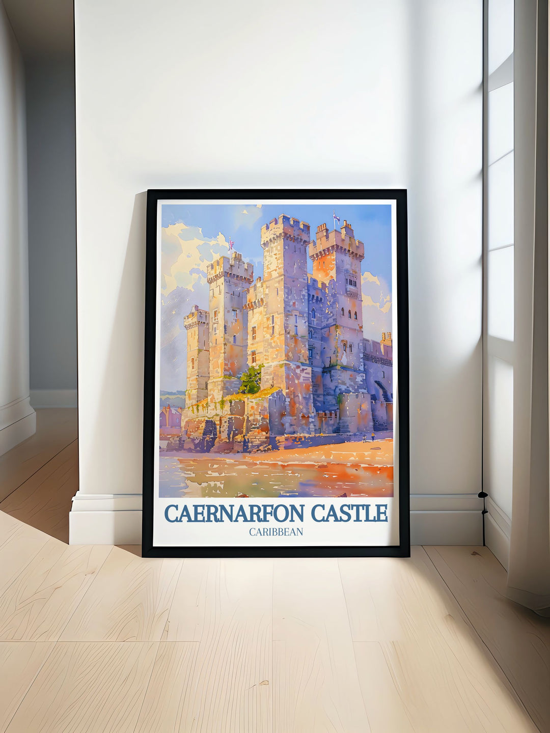 Captivating art print featuring Caernarfon Castle and the tranquil Menai Strait, highlighting the diverse landscapes and rich history of Wales, ideal for any art collection.