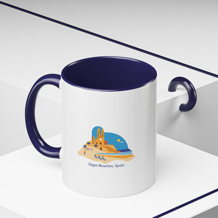 A beautifully detailed Sitges Beach Spain Mug showcasing the charm of Sitges’s Mediterranean coast. Made from ceramic, this dishwasher-safe mug is perfect for everyday use or as a meaningful gift.