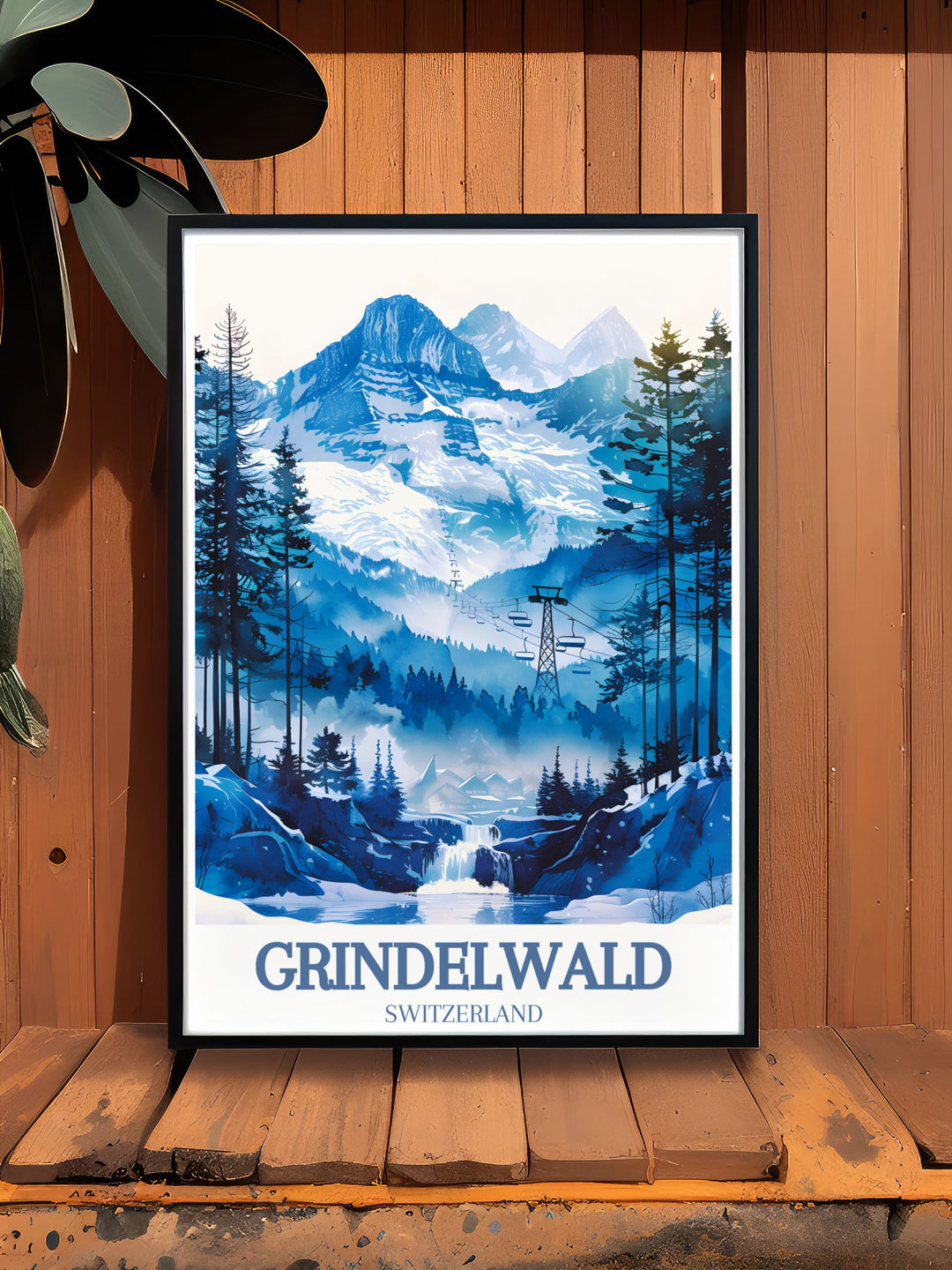Showcasing the winter wonderland of the Jungfrau Ski Region, this travel poster features detailed illustrations of the snowy slopes and alpine scenery, perfect for creating a serene atmosphere in any room.