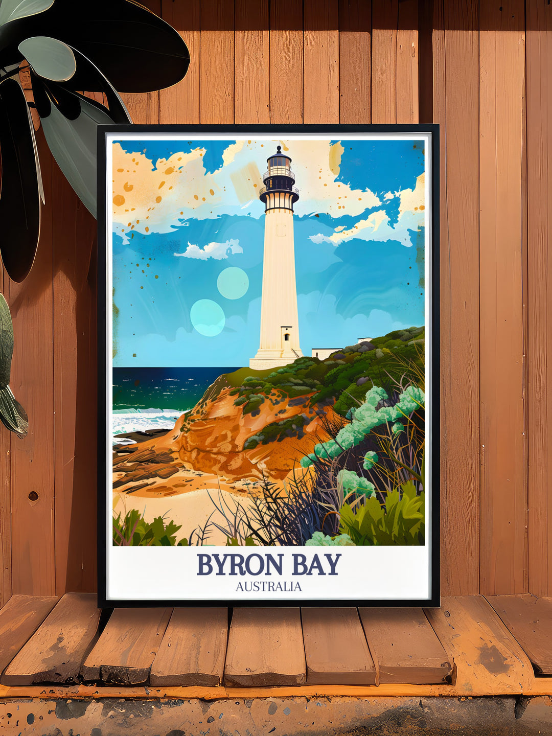 Byron Bay Poster showcasing Main Beach and Byron Bay Lighthouse ideal for those who love Australian coastal scenery. A stunning piece of art that adds sophistication and a touch of nature to any interior setting.