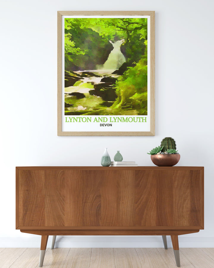 Lynton and Lynmouth art print capturing the serene beauty of Watersmeet with lush greenery and calming waters. Perfect for nature lovers and art enthusiasts.