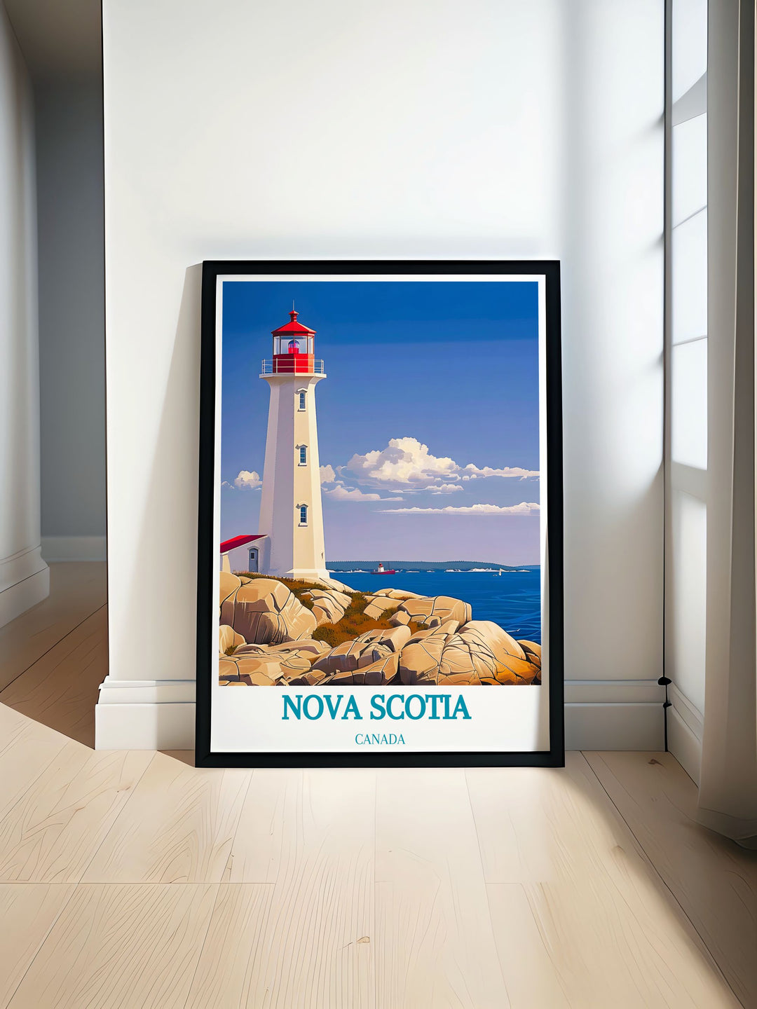 Peggys Cove print showcasing the tranquil harbor and iconic lighthouse of Nova Scotia. This artwork highlights the serene beauty of Canadas coastlines and is perfect for adding a touch of Canadian art to home decor. Ideal for gifts and enhancing living spaces.