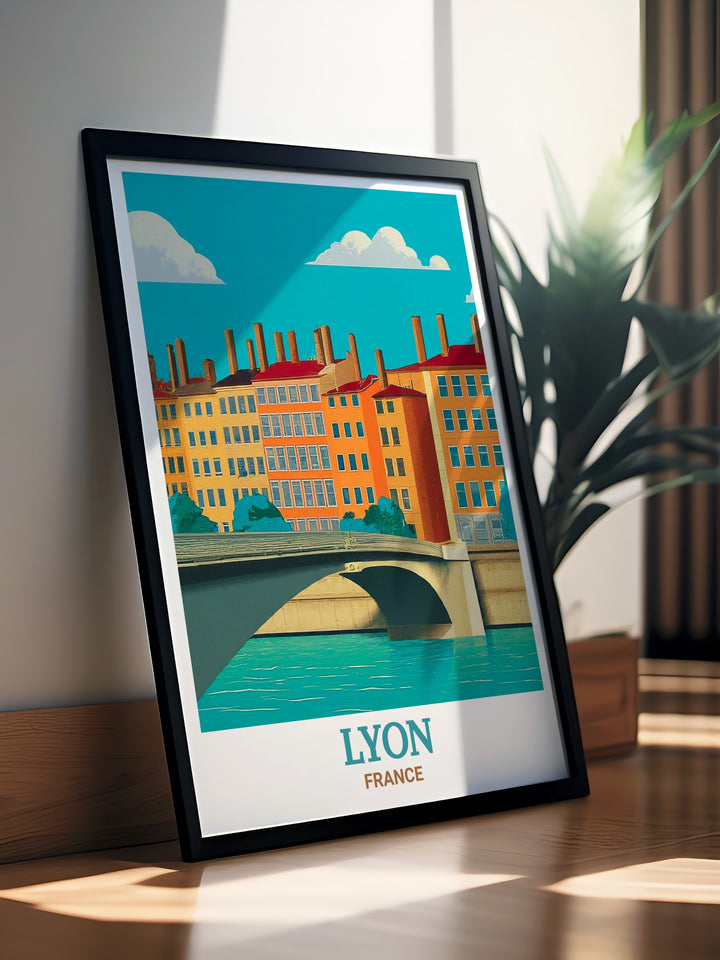 Vieux Lyon Travel Poster illustrating the captivating scenery of Lyons oldest neighborhood, known for its Renaissance era buildings and historic landmarks. This travel poster is a great way to remember your visit to Lyon or inspire future travels.