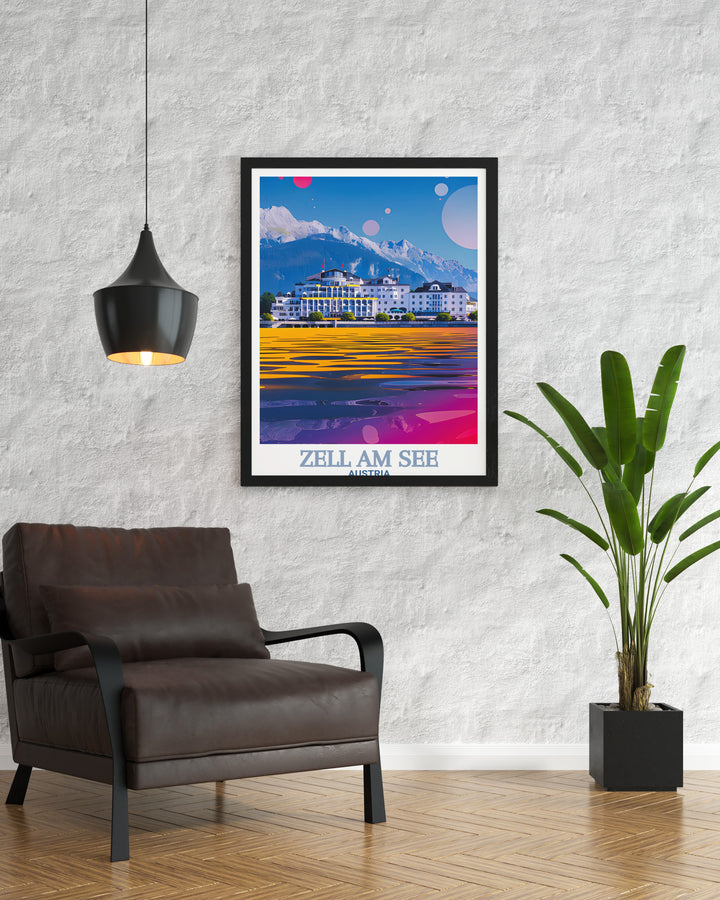 Grand Hotel Zell am See snowboarding print showcasing the excitement of skiing in Austria ideal for adding a touch of adventure to any room