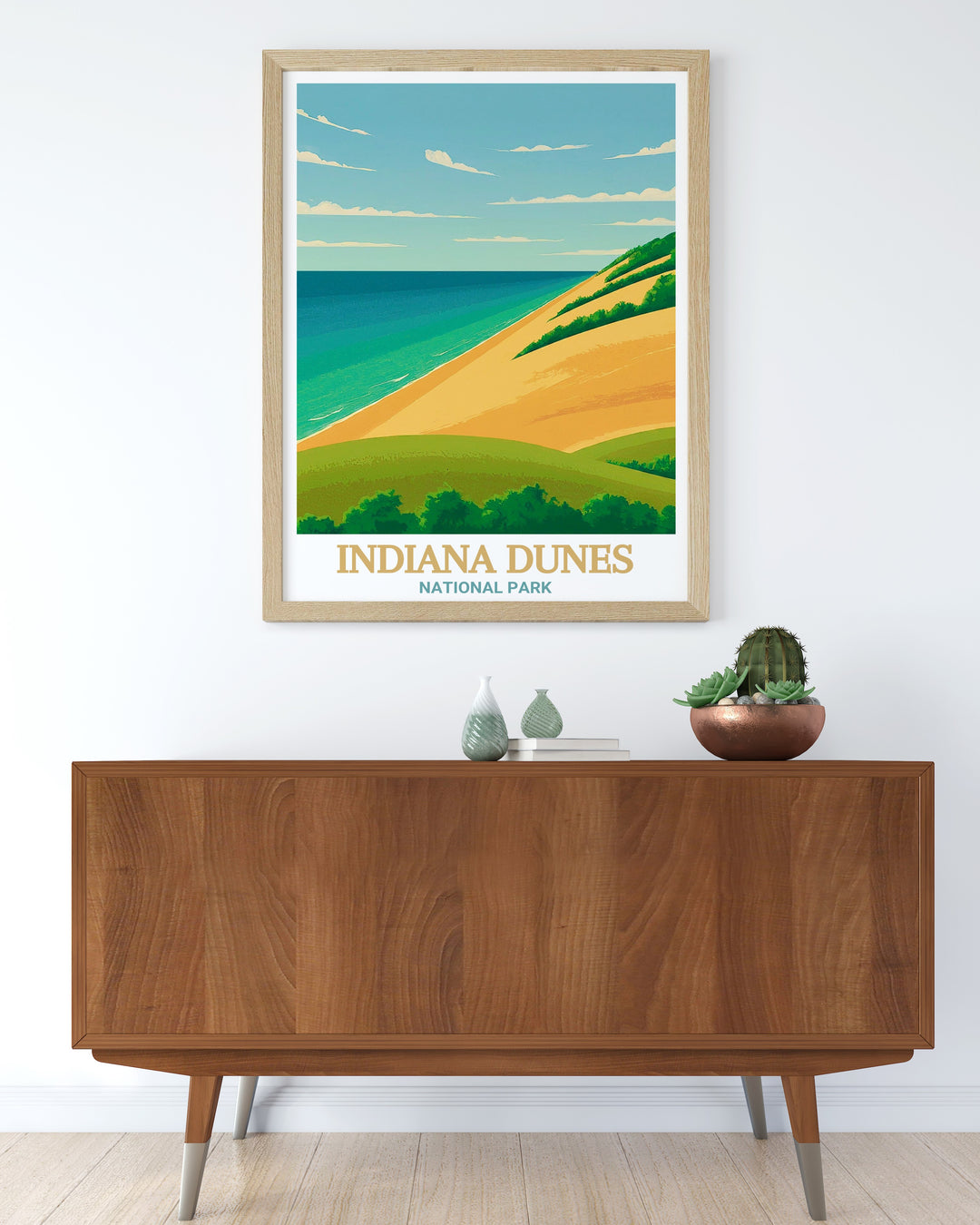 Indiana Dunes National Park poster print showcasing the beauty of the dunes, lakeshore, and forest. A perfect gift for nature lovers and anyone who enjoys national parks, this travel poster captures the scenic charm of Indiana Dunes, making it an ideal décor for home or office.