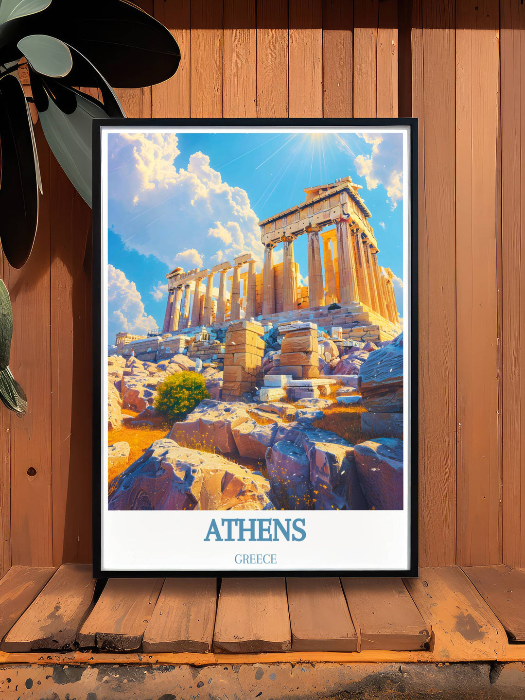 Acropolis wall art depicting the detailed carvings of the Parthenon, set against a backdrop of blue skies and Athenian landscape.
