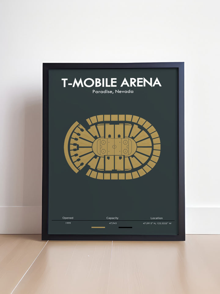 Paradise Nevada Print featuring the exhilarating energy of the Vegas Golden Knights at T Mobile Arena a perfect gift for dads boys and hockey enthusiasts who appreciate retro NHL posters and high quality Golden Knights art