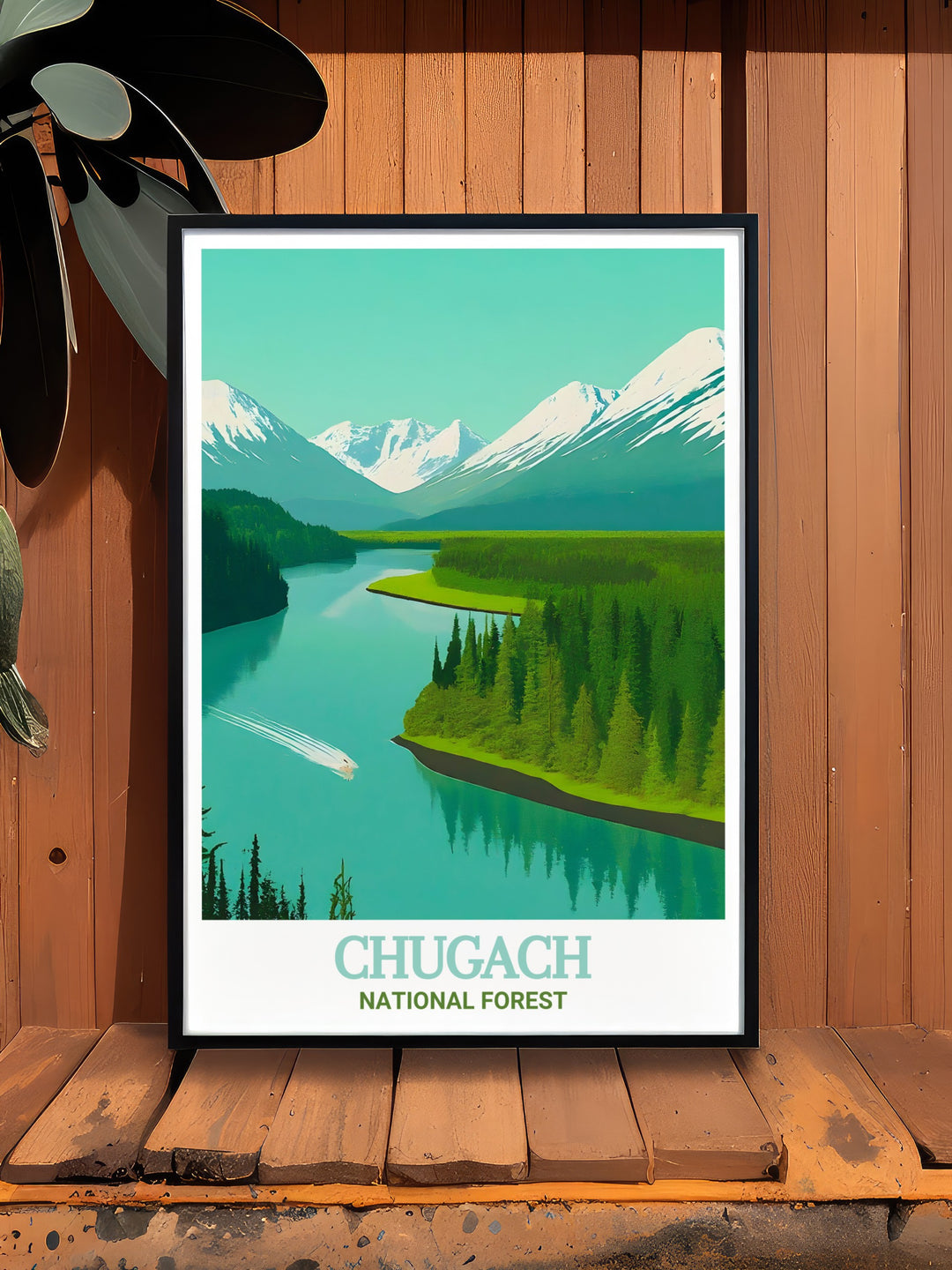 Chugach poster highlighting the rugged beauty of Alaska and the calm Kenai River perfect for anyone seeking unique and captivating home decor inspired by nature