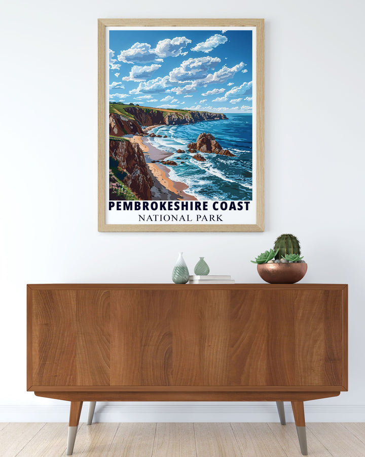 Pembrokeshire Coast poster capturing the dramatic coastline of Wales with vibrant colors and vintage travel art style making it a perfect addition to your bucket list prints or as a captivating piece of home decor.