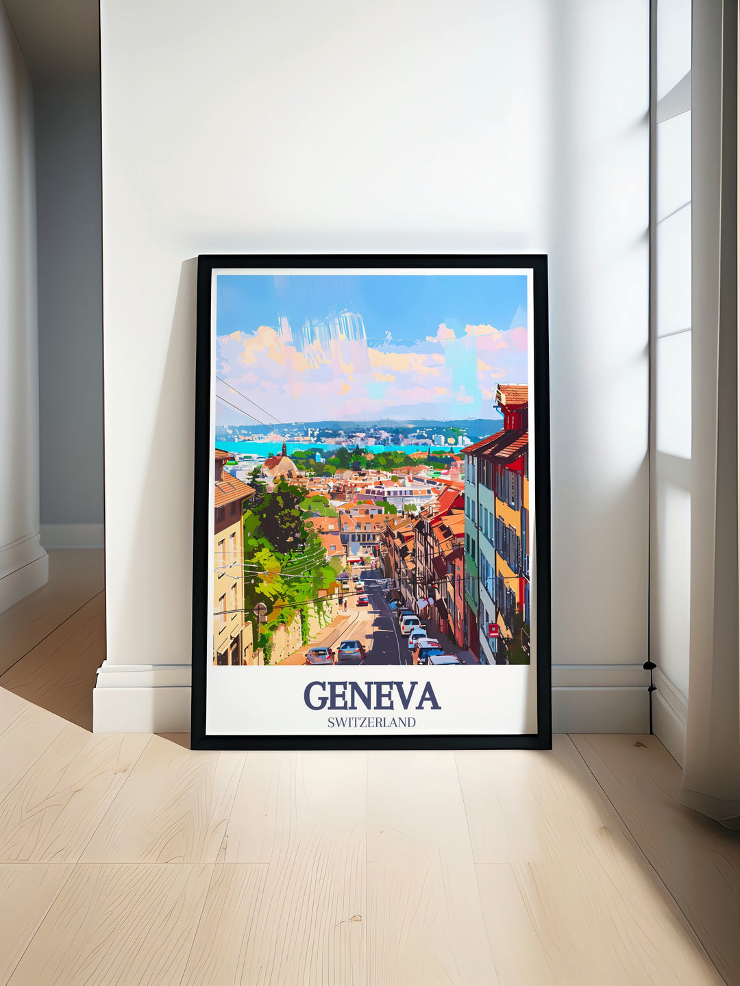 Geneva Poster Print featuring stunning views of Lake Geneva and the beautiful town of Lausanne, perfect for adding a touch of Swiss elegance to your home decor.