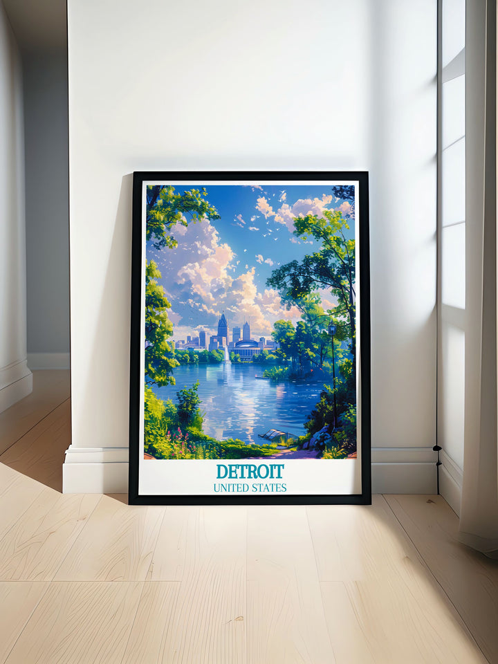 Travel poster featuring the scenic beauty of Belle Isle Park, highlighting the lush gardens and waterways of Detroit, ideal for adding a touch of natural charm to your decor.