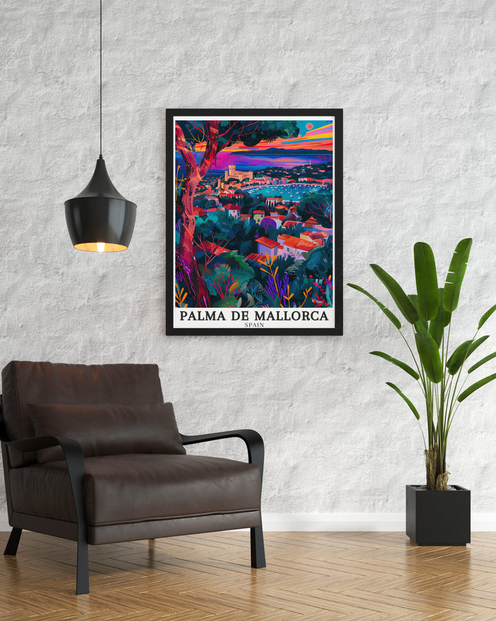 Elegant Spain travel art depicting the iconic Bellver Castle and the tranquil Palma Bay of Palma de Mallorca. The print brings the beauty and history of this Mediterranean city into your living space, making it a timeless addition to any home decor