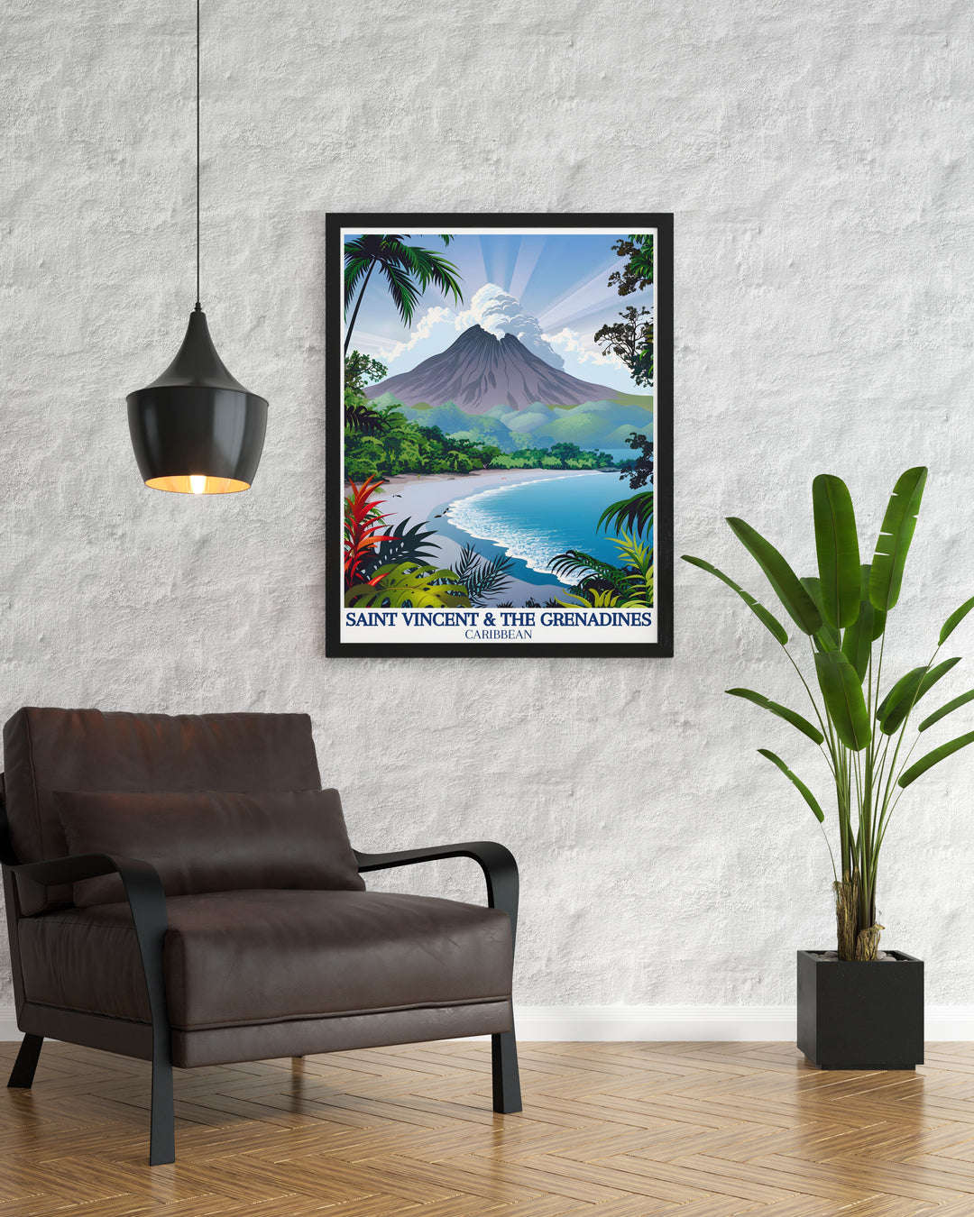 A detailed poster print showcasing the breathtaking La Soufrière Volcano on Saint Vincent, surrounded by the lush Caribbean island landscape. This travel art piece captures the dramatic natural beauty of the region, making it perfect for anyone who loves the raw allure of tropical destinations.