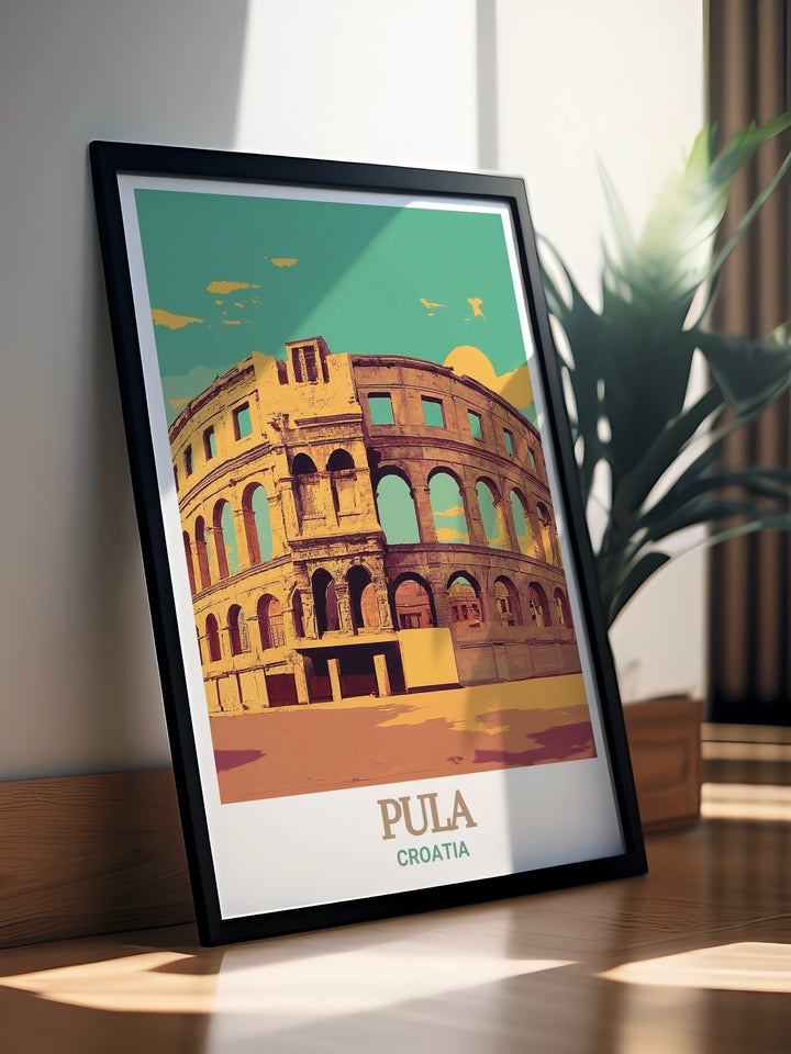 This travel poster brings to life the historic beauty of the Pula Arena in Croatia. The detailed illustration showcases the architectural splendor of this Roman amphitheater, making it a standout piece for any decor.