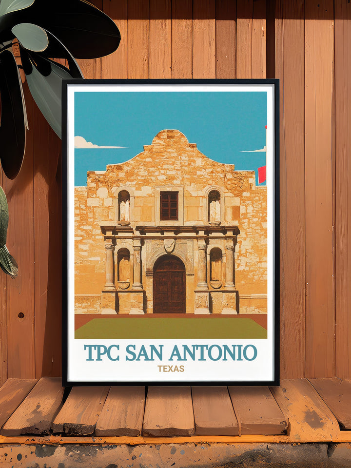 Elegant TPC San Antonio Golf Poster highlighting the beauty of the course complemented by The Alamo Modern Prints bringing a touch of history and sophistication to any room ideal for golf enthusiasts and history lovers alike