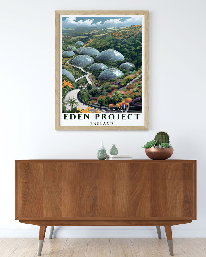 Eden Project home decor print featuring detailed illustrations of the gardens diverse plant life and architectural marvels an excellent addition to any room for those who appreciate nature and art this print brings the Eden Projects beauty indoors.