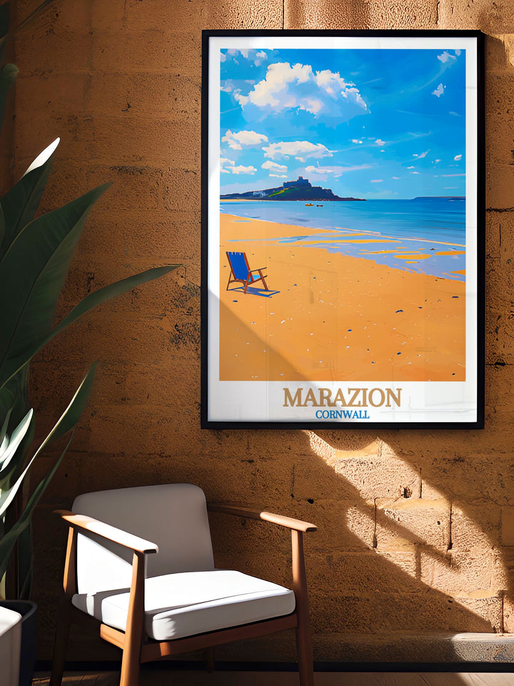 Explore Marazion Beach with our exclusive Cornwall art collection showcasing the tranquil ambiance of this beautiful coastal destination perfect for anyone looking to enhance their home decor with a touch of natural beauty and charm