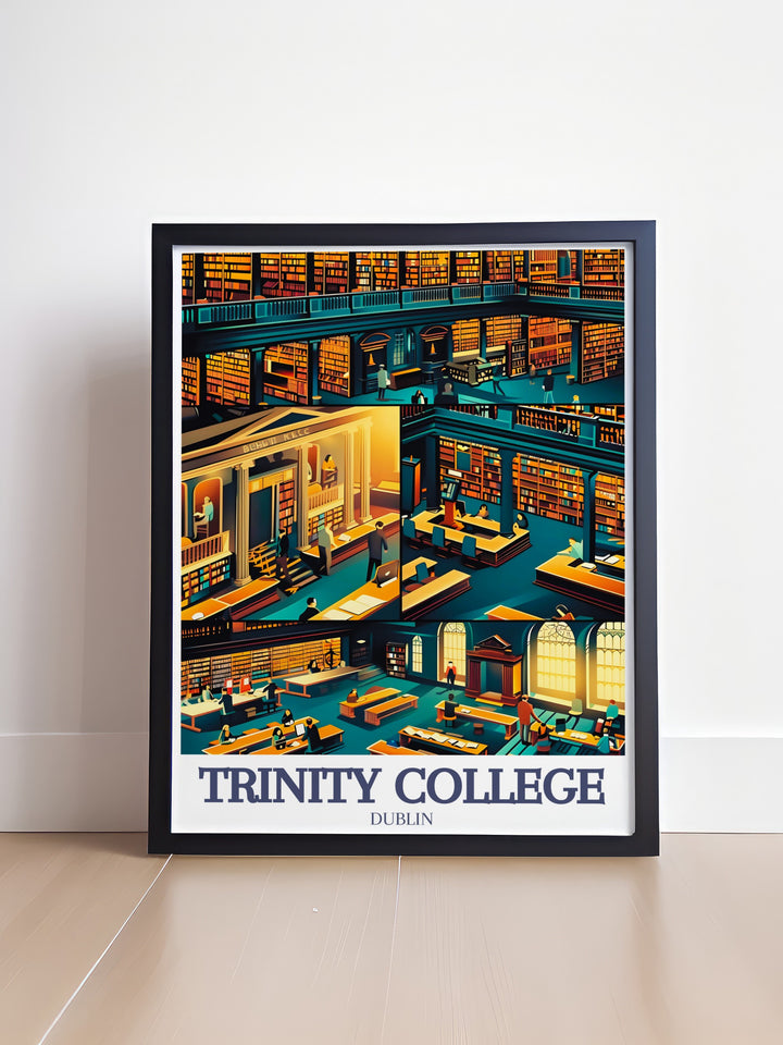 This Trinity College art print captures the architectural beauty of the library, showcasing the iconic Book of Kells and classical design. A perfect addition to your home, this print brings a touch of academic prestige to any room.