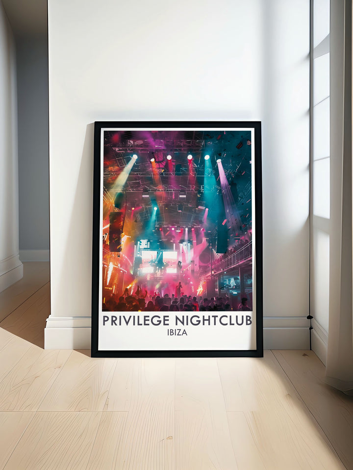 Stage Ibiza Travel Print featuring vibrant scenes from Ibizas iconic nightclubs including Pacha Ibiza Ku Club and Privilege perfect for modern home décor and housewarming gifts for friends