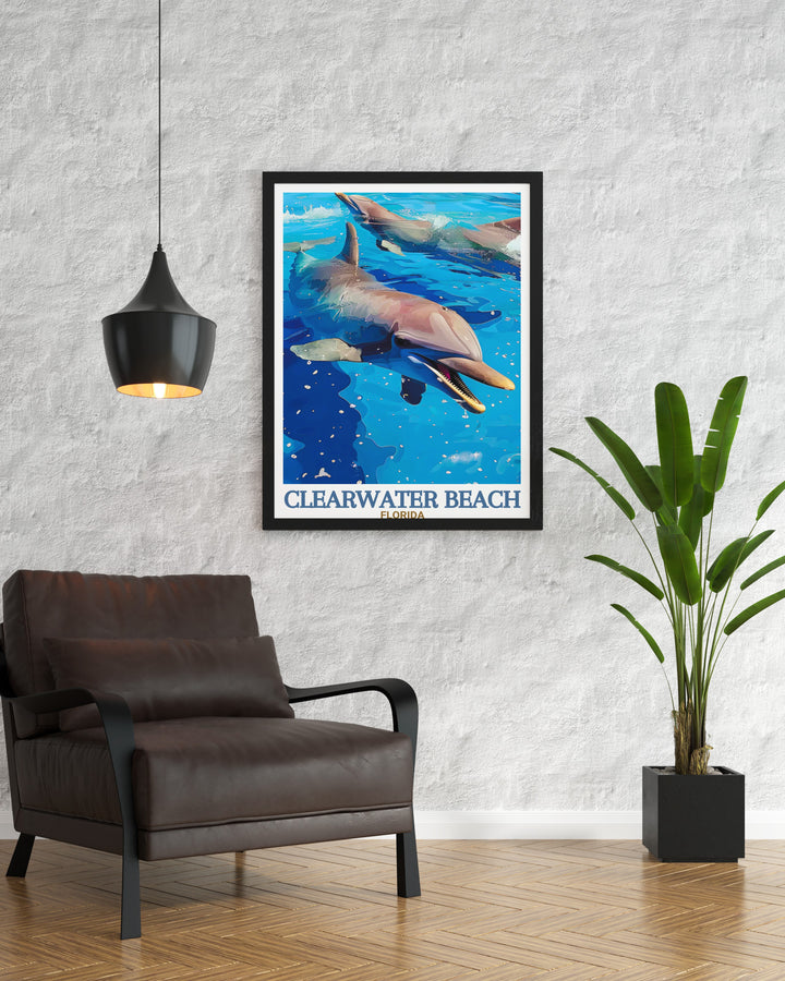 Beautiful Clearwater Marine Aquarium wall art showcasing vibrant sea creatures and aquatic life. Perfect for decorating any room with a touch of Florida decor. This print adds a refreshing and calming vibe to your home with its modern aesthetic.