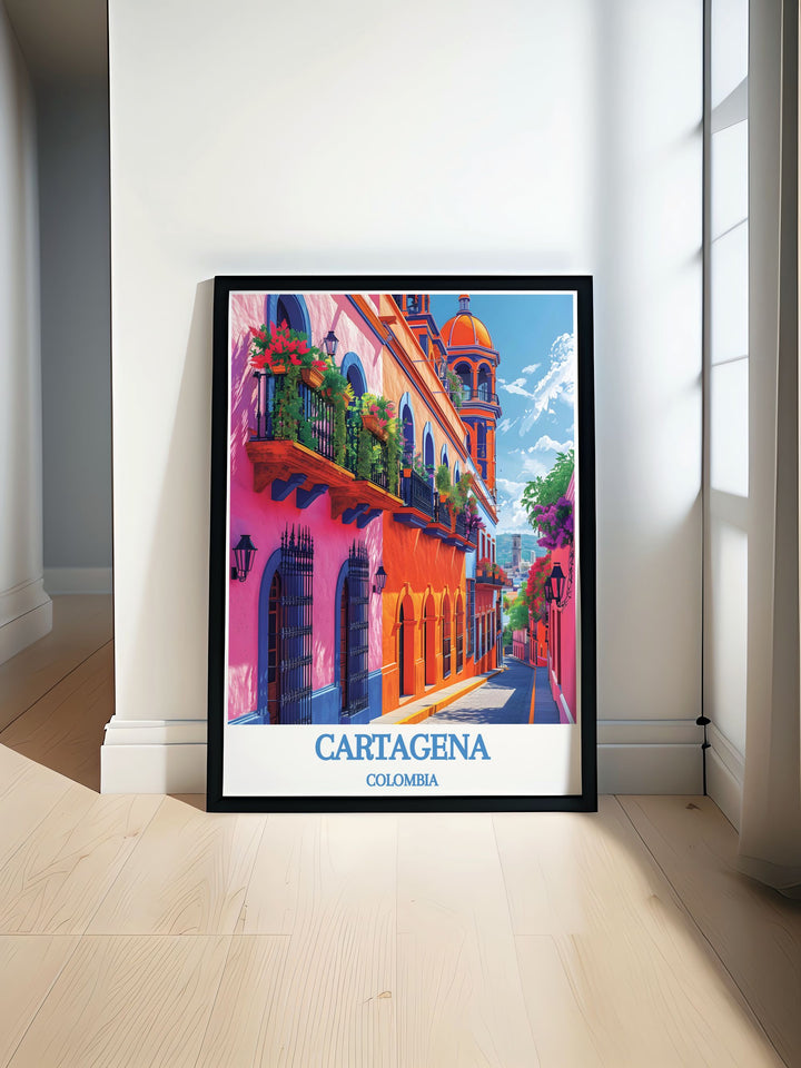 This vibrant travel poster features the Caribbean beaches of Cartagena, capturing their tranquil beauty and inviting waters. Ideal for outdoor enthusiasts and beachgoers, this artwork brings the soothing essence of Colombias coast into your home.