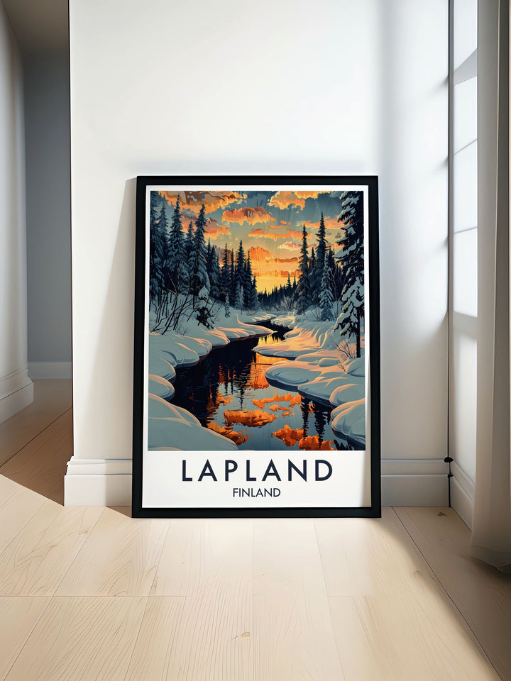 Arctic Wilderness Travel Poster featuring the breathtaking landscapes of Finland and Lapland perfect for adding natural beauty to your home decor or gifting to loved ones who appreciate the serene and majestic scenery of the Arctic regions.