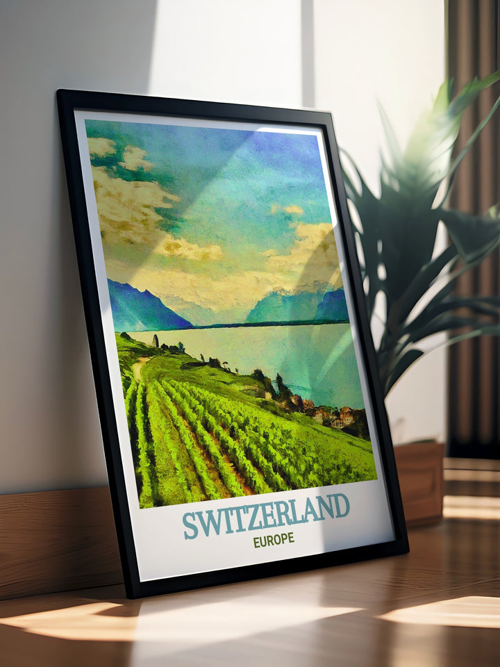 Swiss Alps poster featuring Lake Genevas serene waters and stunning mountain backdrop. This scenic print is ideal for those who love European travel and natural landmarks. Add a piece of Swiss beauty to your home with this artwork.