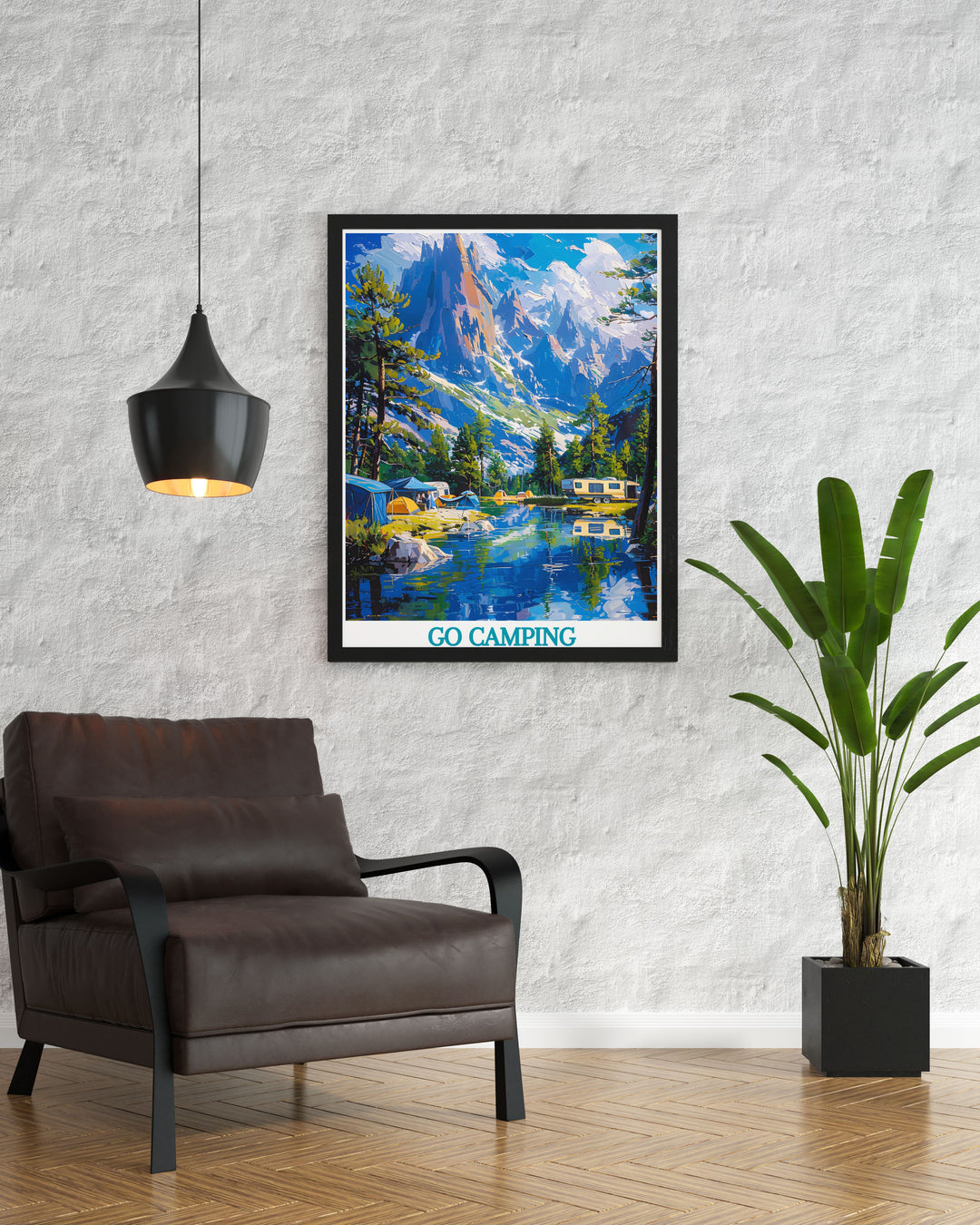 Canvas print of a vintage camper van by a mountain, capturing the beauty and simplicity of camping by the peaks, ideal for adding a touch of nature and adventure to your living space.