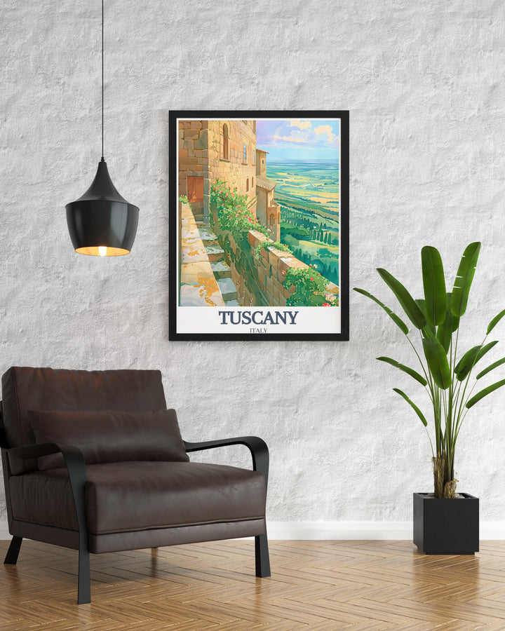 A stunning Tuscany travel print featuring the iconic Val dOrcia region with its rolling hills and cypress lined roads. The artwork beautifully showcases the Renaissance town of Pienza, making it perfect for anyone who appreciates Italian landscapes.