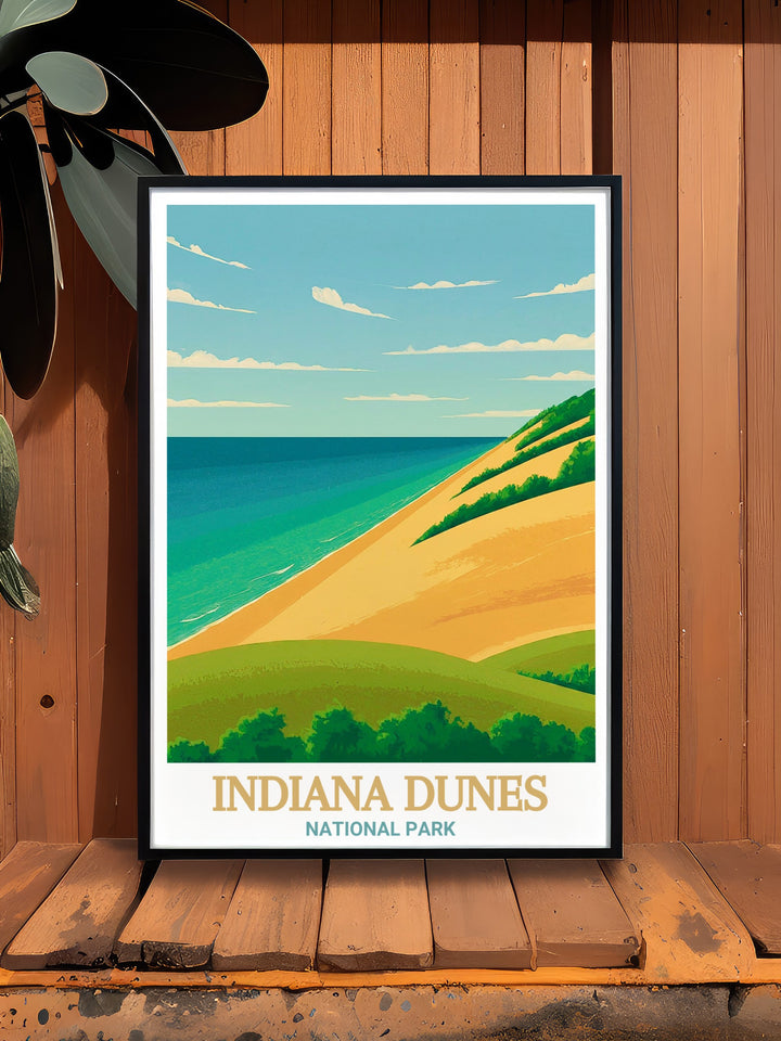 Experience the beauty of Indiana Dunes National Park with this travel print, featuring the parks dunes and lake views. A perfect addition to any room, this art print is a great gift for lovers of nature and outdoor adventures.