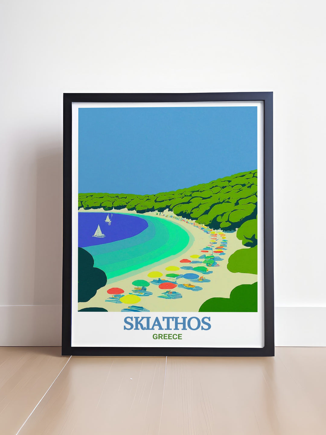 Travel art print of Koukounaries Beach on Skiathos Island. Capturing the serene landscape and vibrant colors of the beach, this poster brings a touch of Greece to your walls. Ideal for travel enthusiasts and fans of Mediterranean beauty.