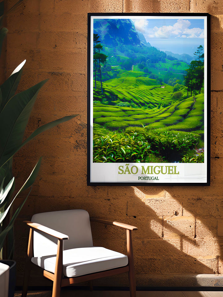 Enhance your home decor with this stunning poster of São Miguels tea plantations, illustrating the lush greenery and unique charm of Europes only tea growing region.