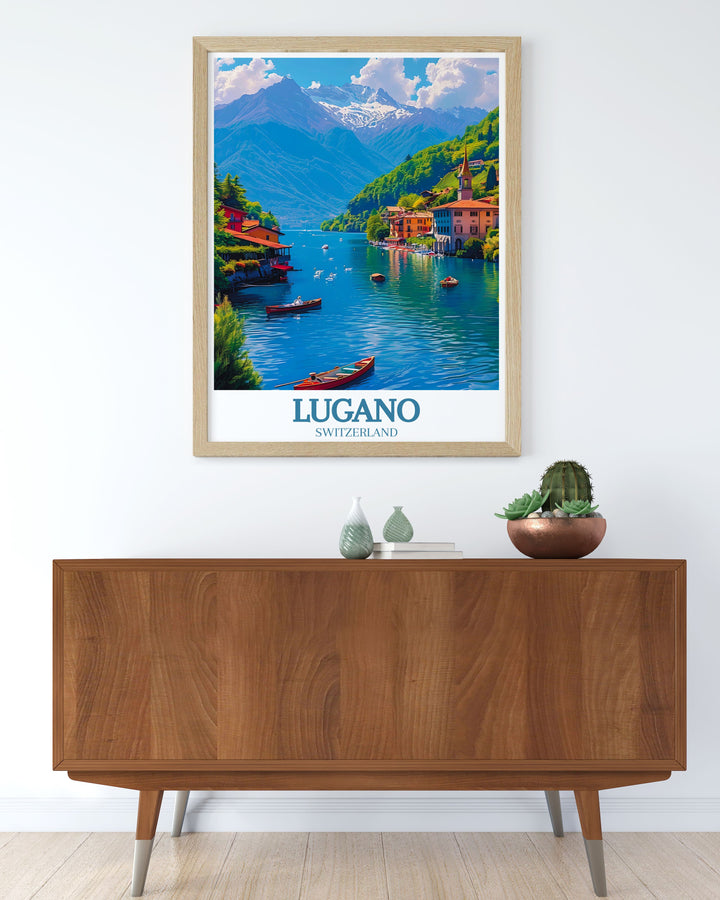 The dynamic energy of Lugano, known for its Mediterranean style squares and bustling piazzas, is highlighted in this travel poster. Ideal for urban enthusiasts and culture lovers.