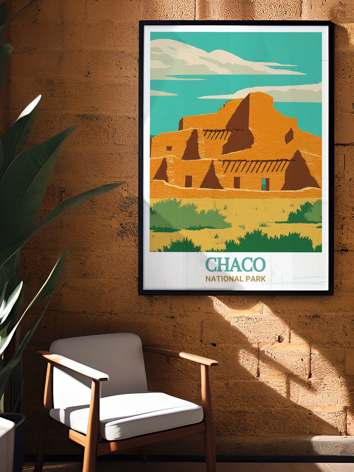 Art print of Pueblo Bonito, Chaco National Park, Argentina, capturing the detailed architecture and scenic landscape. Ideal for those who appreciate history and want to incorporate Argentinas past into their living space.